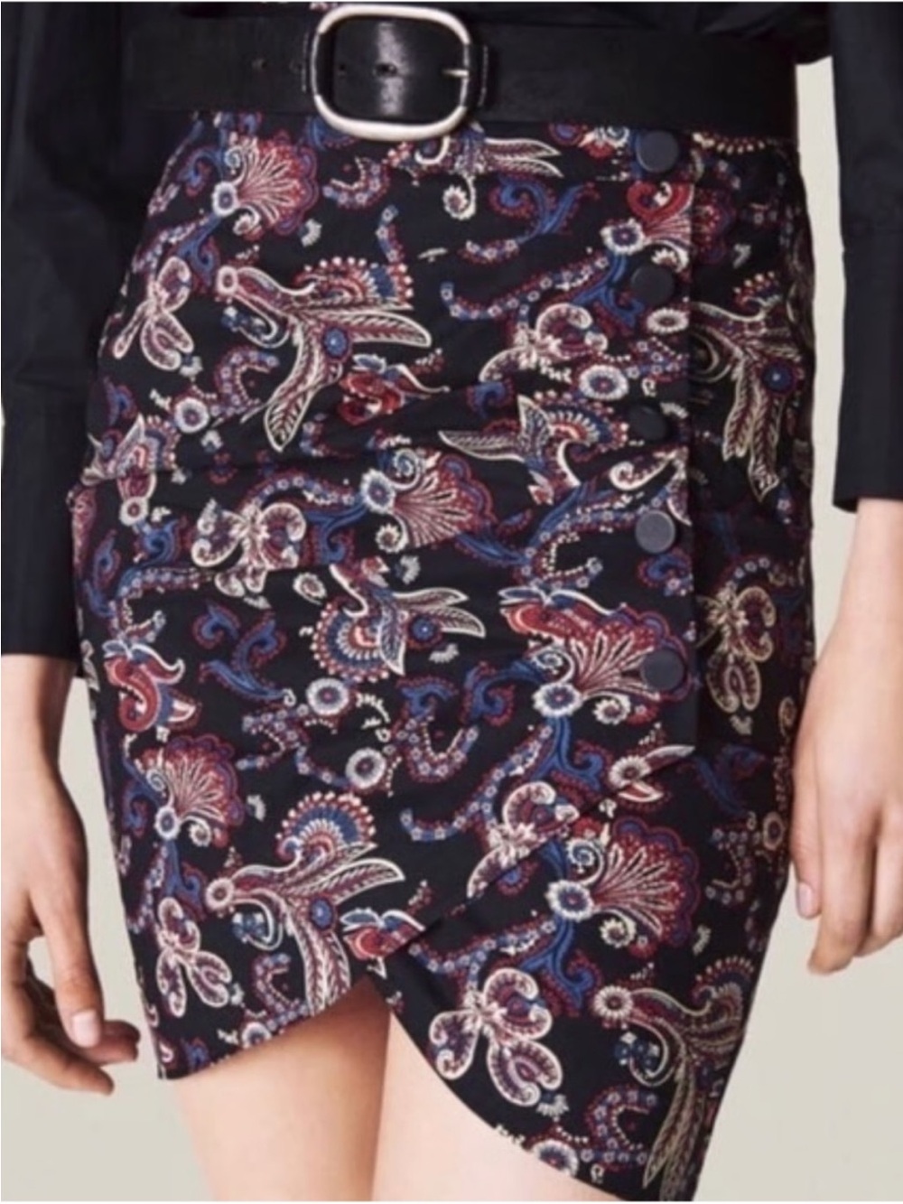 ba&sh Black Paisley-Print Wrap Mini Skirt with Navy and Burgundy Accents